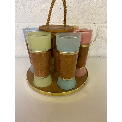 829 - Vintage seista ware tiki set, 6 glasses and round wooden caddy