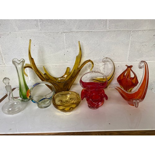 848 - Selection of coloured glassware, some damage on large centrepiece