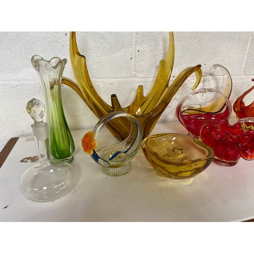 848 - Selection of coloured glassware, some damage on large centrepiece