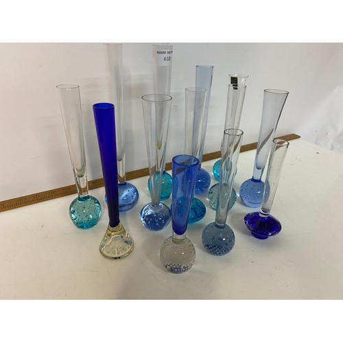 618 - Collection of vintage blue control bubble glass bud vases.