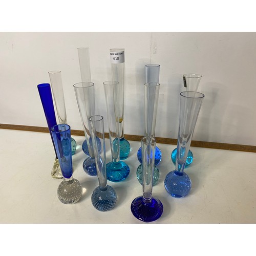 618 - Collection of vintage blue control bubble glass bud vases.