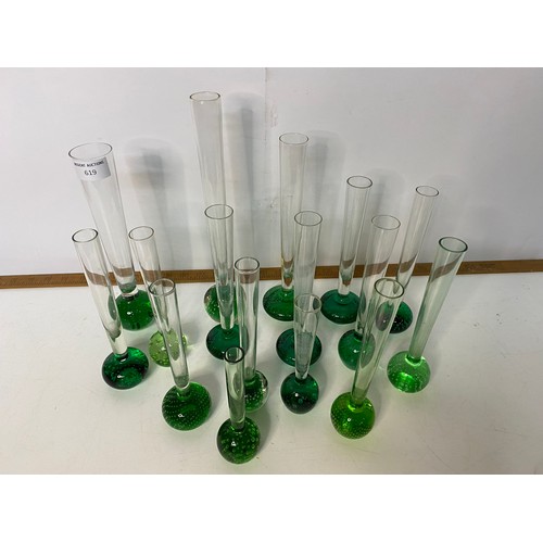 619 - Collection of vintage green control bubble glass bud vases.