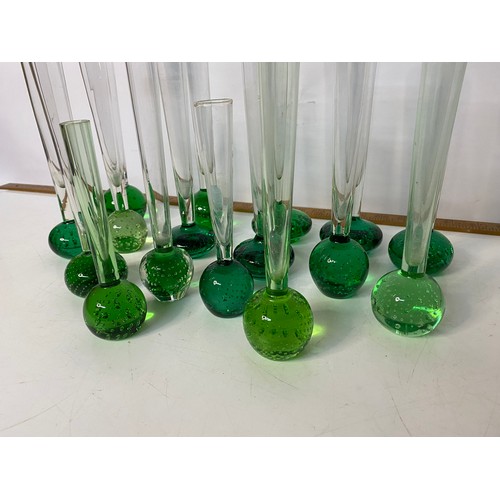 619 - Collection of vintage green control bubble glass bud vases.