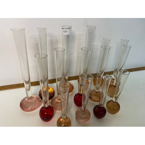 620 - Collection of vintage red/pink control bubble glass bud vases.