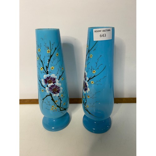 643 - Pair of Victorian blue opaline Bristol hand painted vases, measuring 26 cm tall.