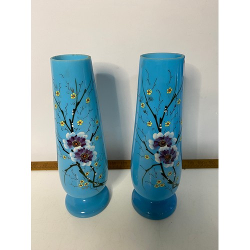 643 - Pair of Victorian blue opaline Bristol hand painted vases, measuring 26 cm tall.