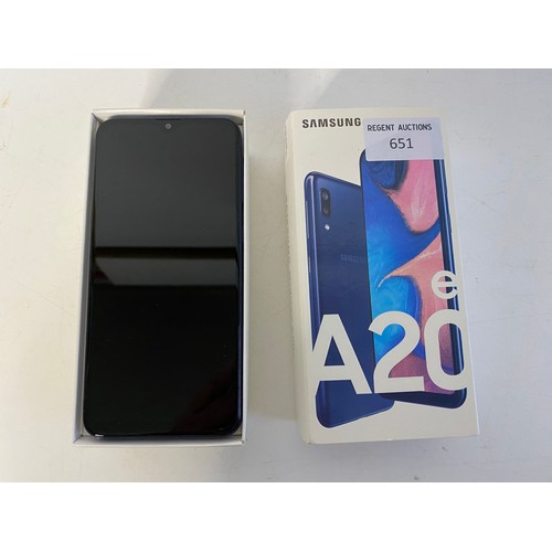 651 - Samsung Galaxy A20e mobile phone, unused in box.