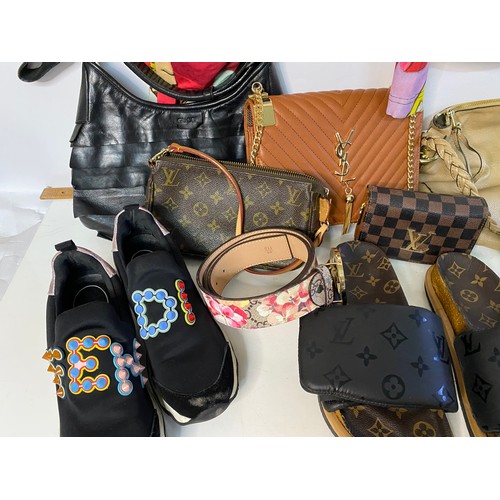 694 - Selection of designer style footwear, clothing, bags and purses.