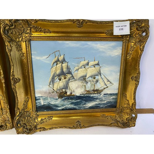 698 - Pair of Franz van Holles oil on board paintings of Schooners in gilt frames. 41x36cms