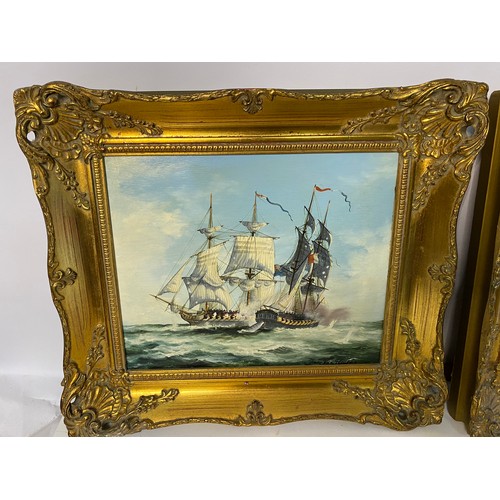 698 - Pair of Franz van Holles oil on board paintings of Schooners in gilt frames. 41x36cms