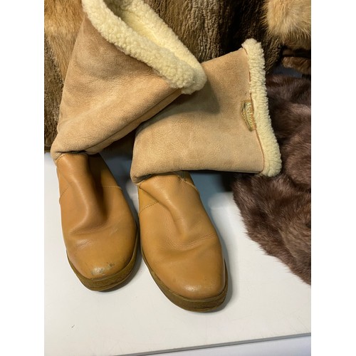 764 - Selection of 4 x vintage fur coats and a basket of fur stoles, vintage gloves, boots and more.