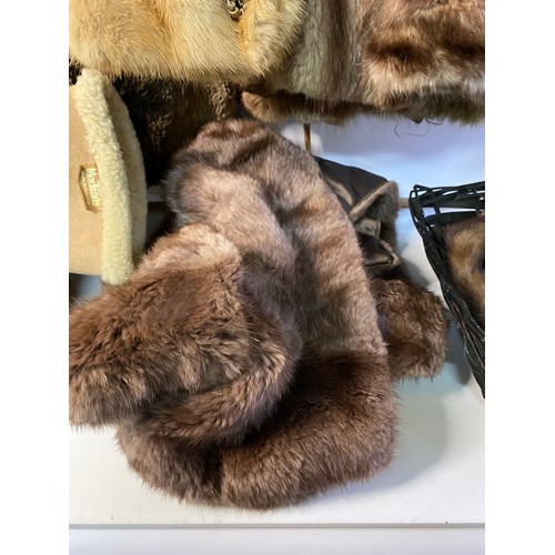 764 - Selection of 4 x vintage fur coats and a basket of fur stoles, vintage gloves, boots and more.