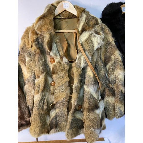 764 - Selection of 4 x vintage fur coats and a basket of fur stoles, vintage gloves, boots and more.