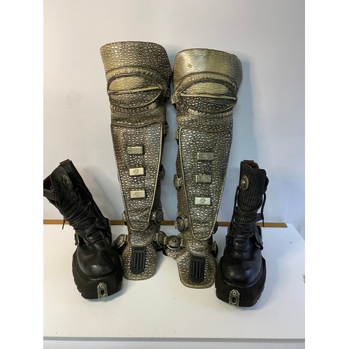 765 - Pair of New Rock Planet Boots, approx size 8/9 , and leg Guards.