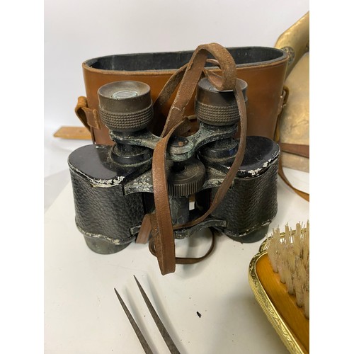 768 - Selection of collectable vintage binoculars, metalware, china and others.