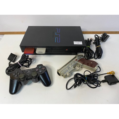 795 - PS2 console with controller, leads, 2 memory cards and a Blaze Scorpion II light gun. Fully tested a... 