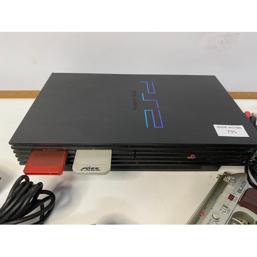 795 - PS2 console with controller, leads, 2 memory cards and a Blaze Scorpion II light gun. Fully tested a... 