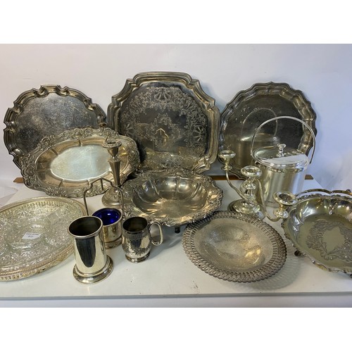 822 - Box of metalware including trays, candlesticks and Ice Bucket.