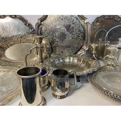 822 - Box of metalware including trays, candlesticks and Ice Bucket.