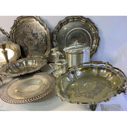 822 - Box of metalware including trays, candlesticks and Ice Bucket.