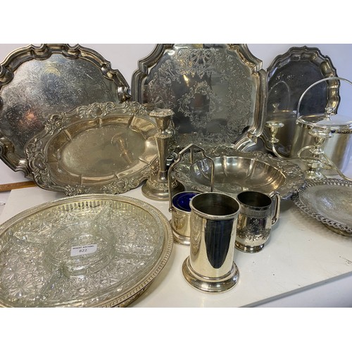 822 - Box of metalware including trays, candlesticks and Ice Bucket.