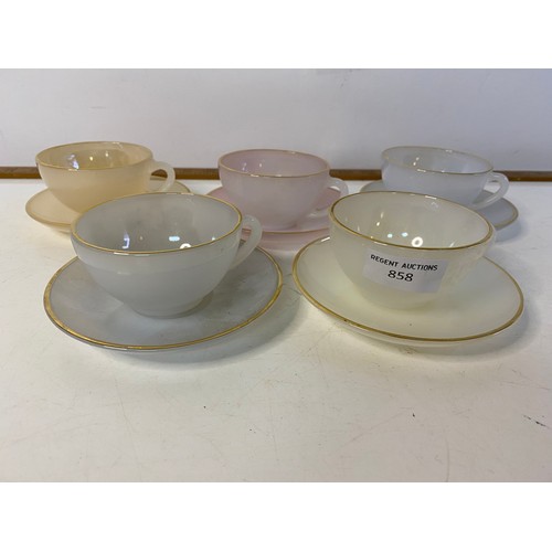 858 - French Arcopal tea cups and saucers set of five marked underneath