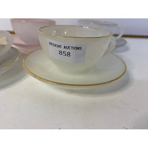 858 - French Arcopal tea cups and saucers set of five marked underneath