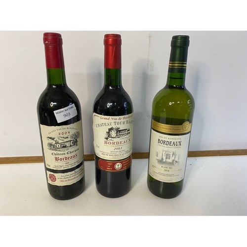 903 - 3 bottles of Bordeaux, a Chateau Tour Balette 2001, Vin des Bordeaux blanc sec 2014 and a Chateaux C... 