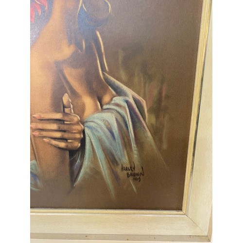 913 - Vintage print Hawaiian Girl by Harley Brown, 60x74cms in cream wood frame.