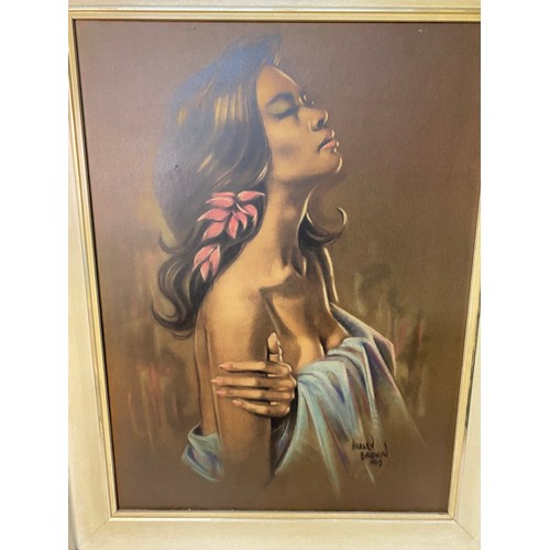 913 - Vintage print Hawaiian Girl by Harley Brown, 60x74cms in cream wood frame.