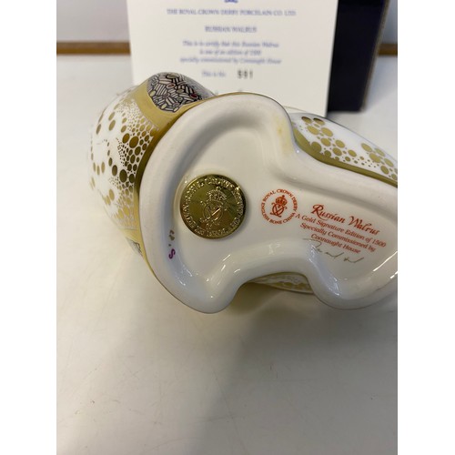 969 - Boxed Royal Crown Derby paperweight. In new condition with gold stopper to base. Russian Walrus Limi... 