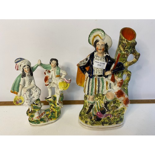 918 - 2 Flatback Mantle ornaments featuring couple dancing and Highland Hunting man.  Tallest is 34cms