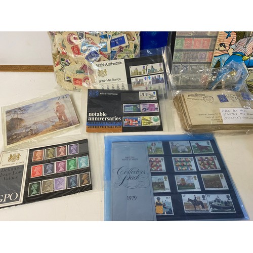 921 - Selection of mixed stamps, first day franked postcards, trade and cigarette cards.