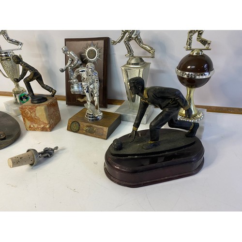 923 - Selection of bowling trophies, also a bowling bottle stopper.