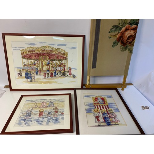 944 - 3 x vintage framed cross stitch seaside pictures.