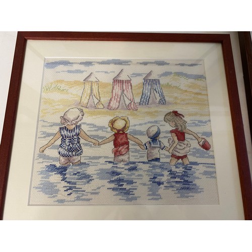 944 - 3 x vintage framed cross stitch seaside pictures.