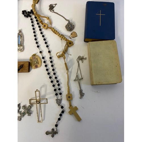 947 - Selection of Religious items including crucifix, decorative crosses, artefacts and Bibles