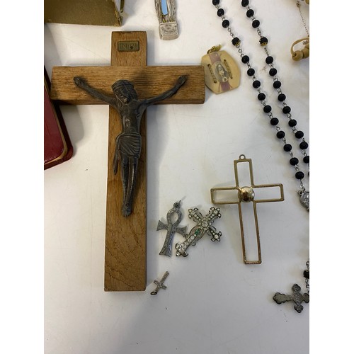 947 - Selection of Religious items including crucifix, decorative crosses, artefacts and Bibles