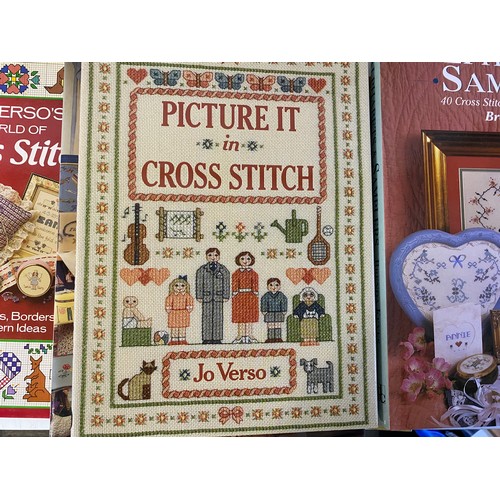 949 - 4 x vintage cross stitch samplers and assorted books.