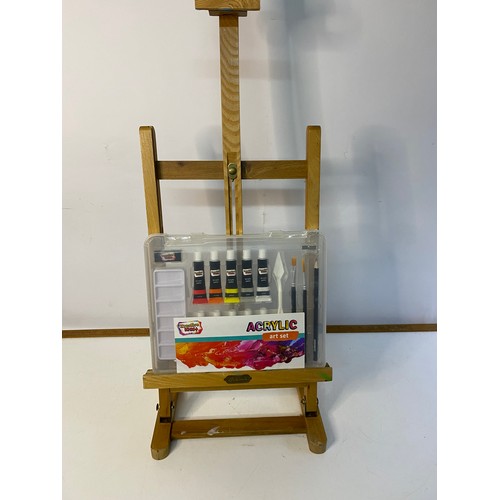 999 - Vintage wooden artists easel by Boldmere with canvas and acrylic art set.