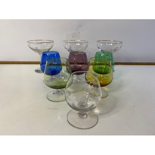 988 - Selection of 3 vintage Babysham glasses and retro multi coloured brandy glasses.