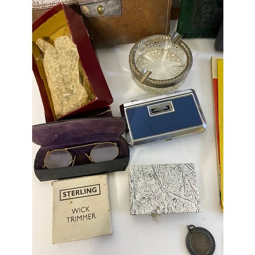 637 - Box of curios and ephemera including gents grooming set, Victorian spectacles, maps and others.