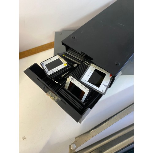 591 - Vintage screen, projector and 2 trays of 35mm slides.