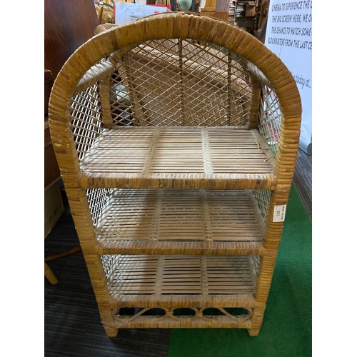 803 - Wicker bedroom chair and small wicker shelf unit.