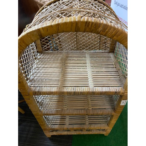 803 - Wicker bedroom chair and small wicker shelf unit.