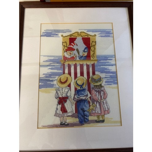 944 - 3 x vintage framed cross stitch seaside pictures.