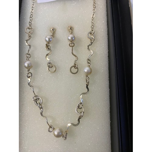 126 - Italian 925 Silver and pearl necklace and ear-ring set made by Stefani St. Jacques