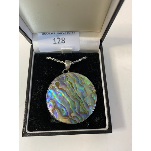 128 - Large Abalone shell and silver pendant on silver chain