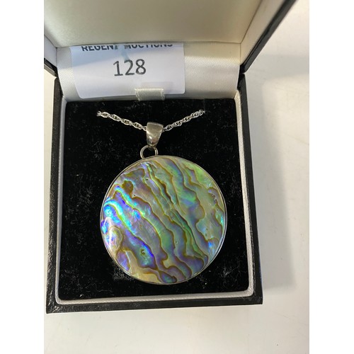 128 - Large Abalone shell and silver pendant on silver chain