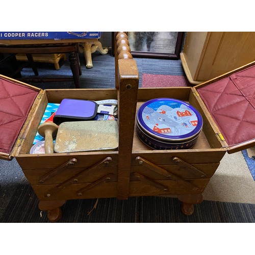 155 - Vintage oak cantilever sewing box on cabriole legs to include contents measuring 59cms x 57cms